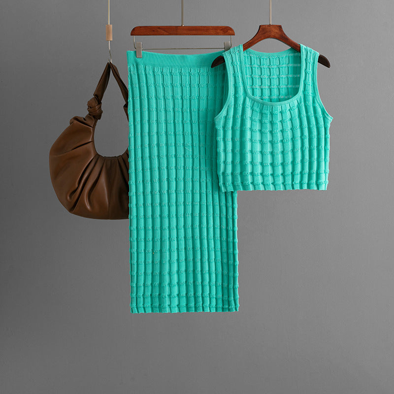 Women Summer Women Sleeveless Vest Top Skirt Knitted Two Piece One Size Turquoise
