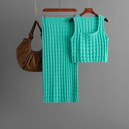 Women Summer Women Sleeveless Vest Top Skirt Knitted Two Piece One Size Turquoise