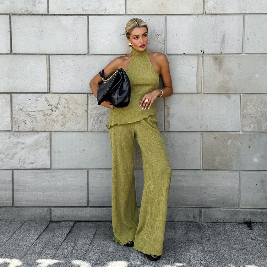 Green Sleeveless Halter Wide Leg Pants Set Green