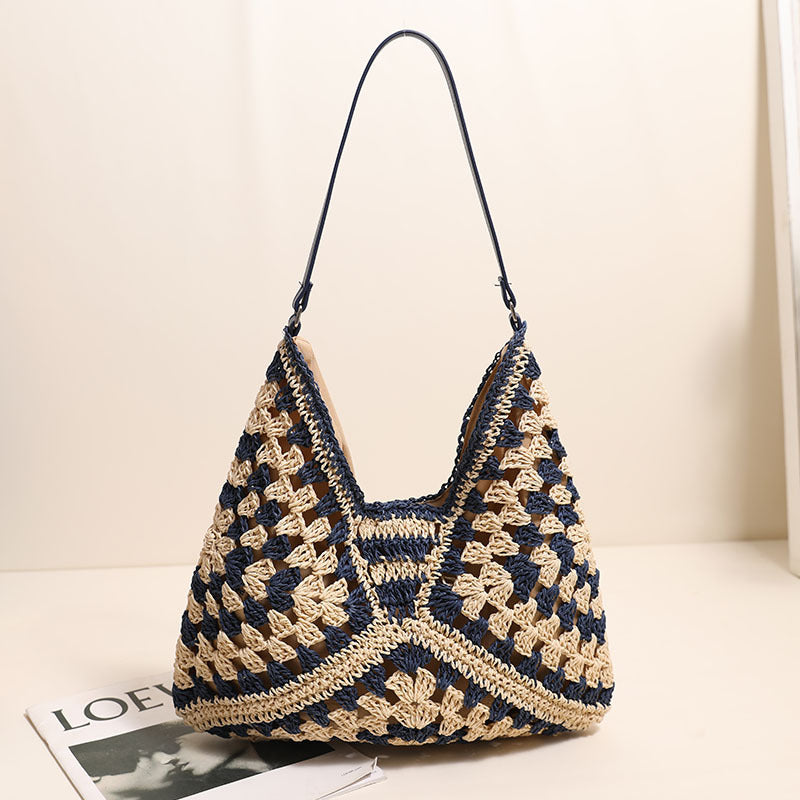 Casual Natural Cotton Shoulder Bag One Size Grandmother Plaid Blue