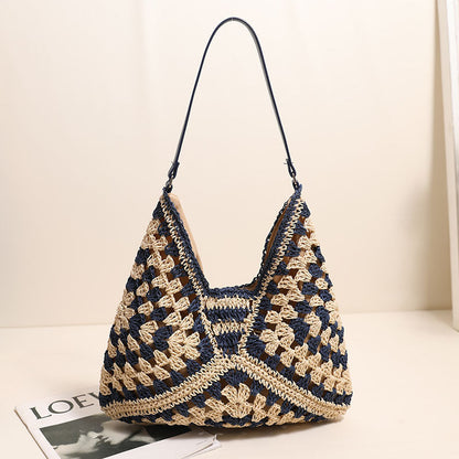 Casual Natural Cotton Shoulder Bag One Size Grandmother Plaid Blue