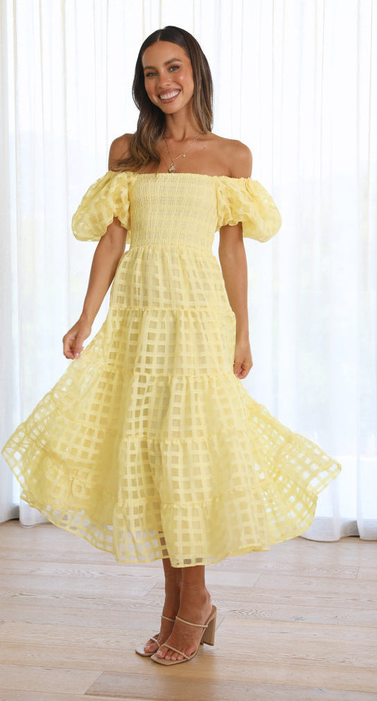 Off Shoulder Lantern Sleeve Layered Dress Yellow