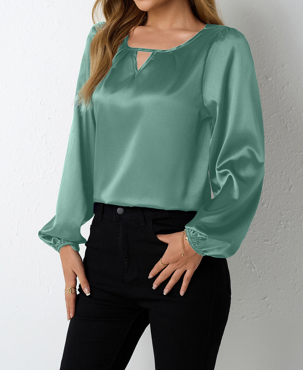 Satin Casual Pleated Long Sleeve Satin Top Green