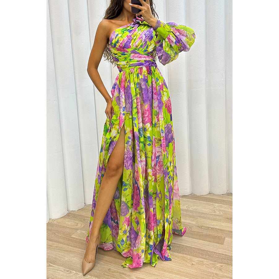 Printed One Shoulder High Split Maxi Dress Yellow