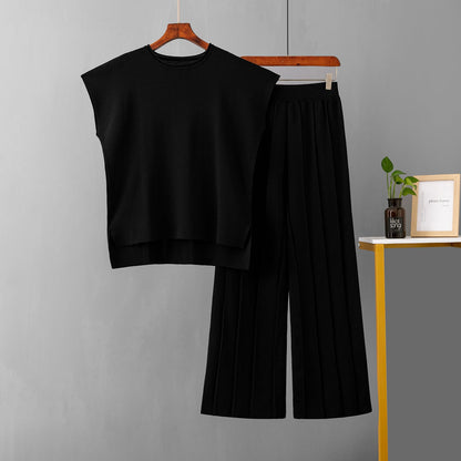Solid Color Sleeveless Sweater Vest & Wide Leg Pants Sets One Size Black