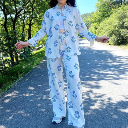 Women Cotton Linen Long Sleeve Blouse High Waist Lace up Straight Leg Pants Two Piece Set Blue