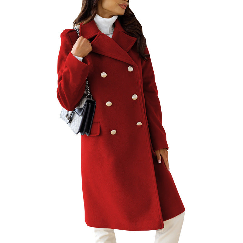 Woolen Long Sleeve Collared Coat Burgundy