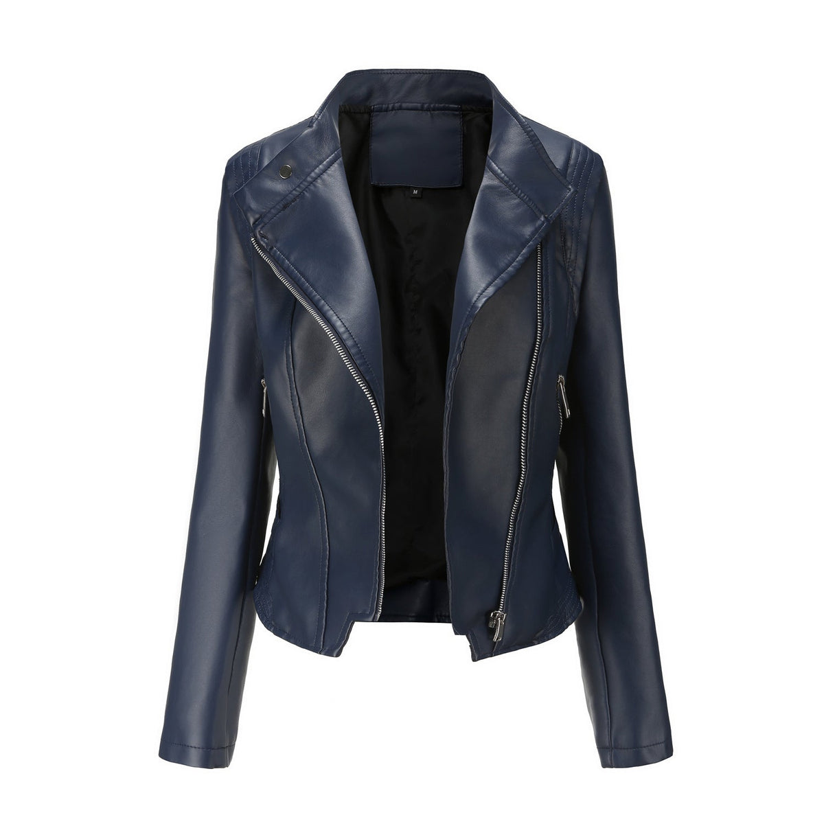 Faux Leather Collared Slim-Fit Jacket Navy Blue