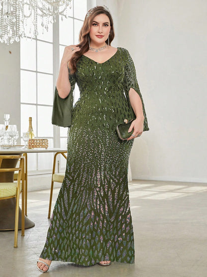 Plus Size Long Sleeve Deep V Plunge Sexy Dress Evening Cocktail Party Dress Olive