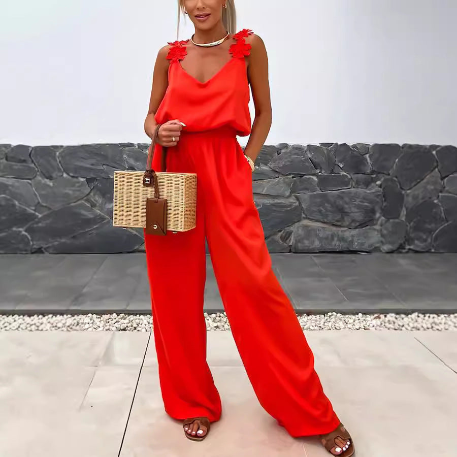 Sleeveless Casual Jumpsuit Red
