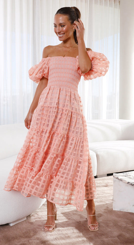 Off Shoulder Lantern Sleeve Layered Dress Pink