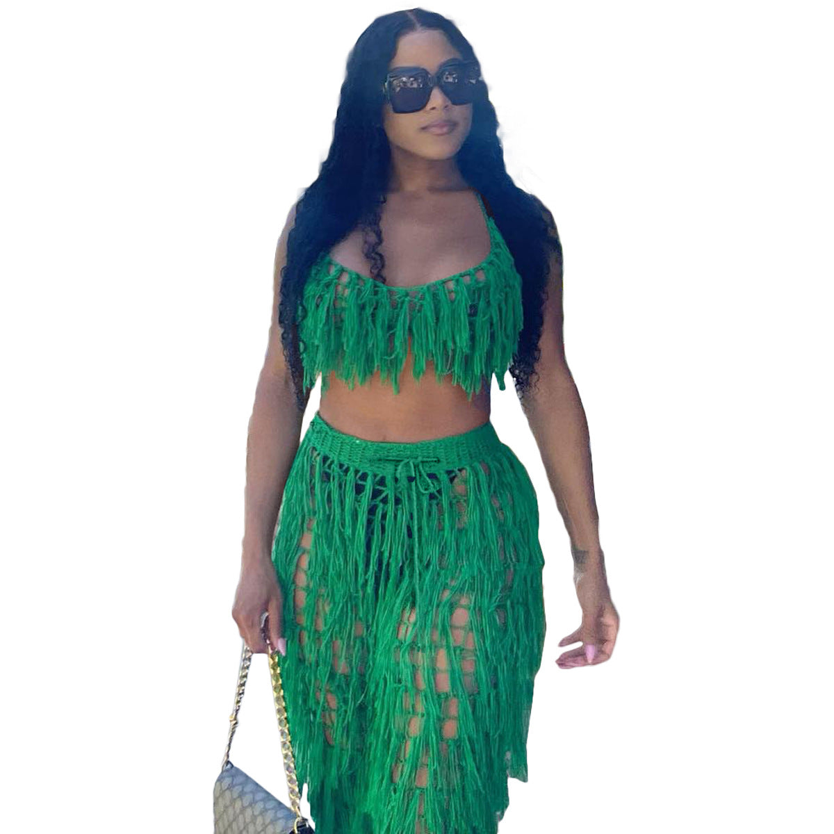 Sexy See through Crochet Tassel Beach Suit Green