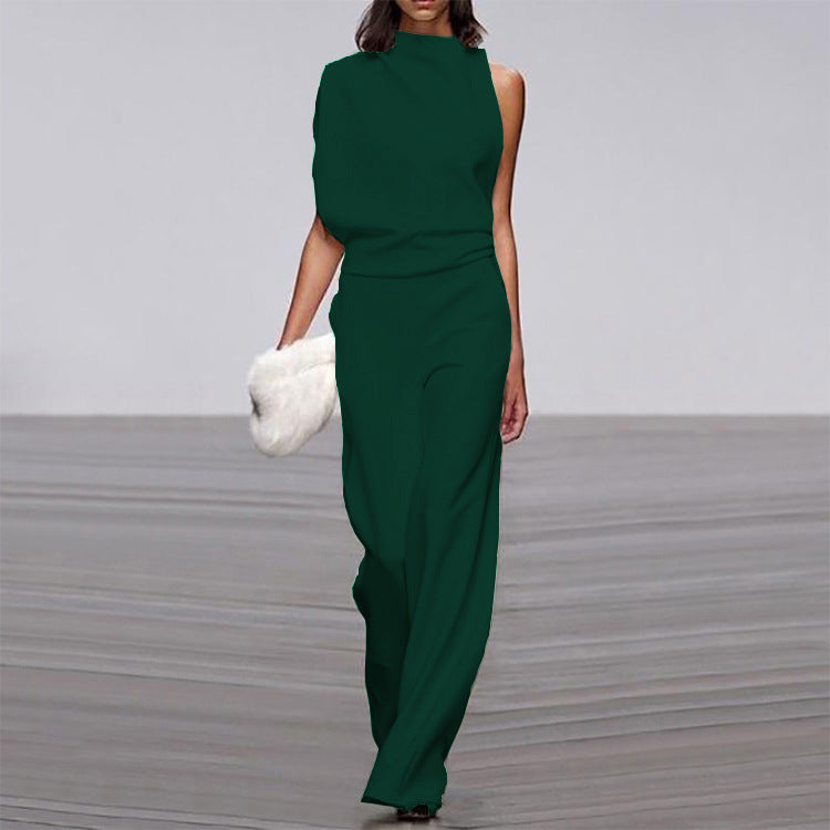 Solid Color One Shoulder Jumpsuit blackish green