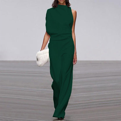 Solid Color One Shoulder Jumpsuit blackish green