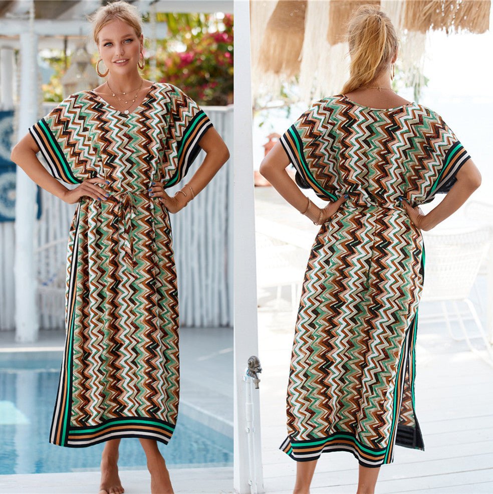 Rayon Wave Print Beach Cover-up Robe Vacation Sun Protection Shirt Bikini Cover One Size Picture Color