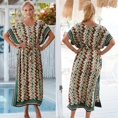 Rayon Wave Print Beach Cover-up Robe Vacation Sun Protection Shirt Bikini Cover One Size Picture Color