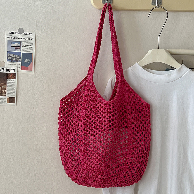 Casual Eco-Friendly Cotton Woven Bag One Size Hollow Carambola with Inner Bag Rose Red