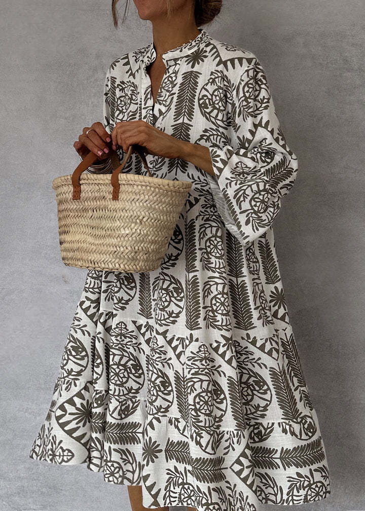 Dress Casual Printed 3/4 Sleeves Shirt Dress for Women Khaki