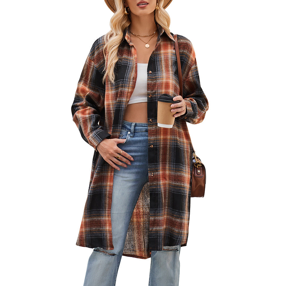 Plaid Loose Coat Shirt Khaki Black