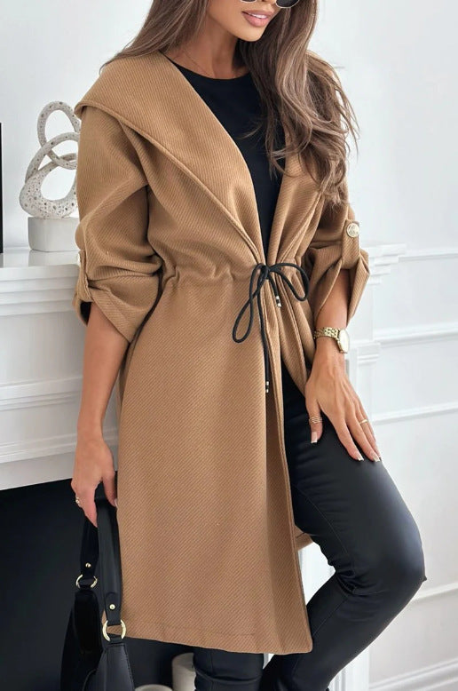 Hooded Long Sleeve Coat Brown