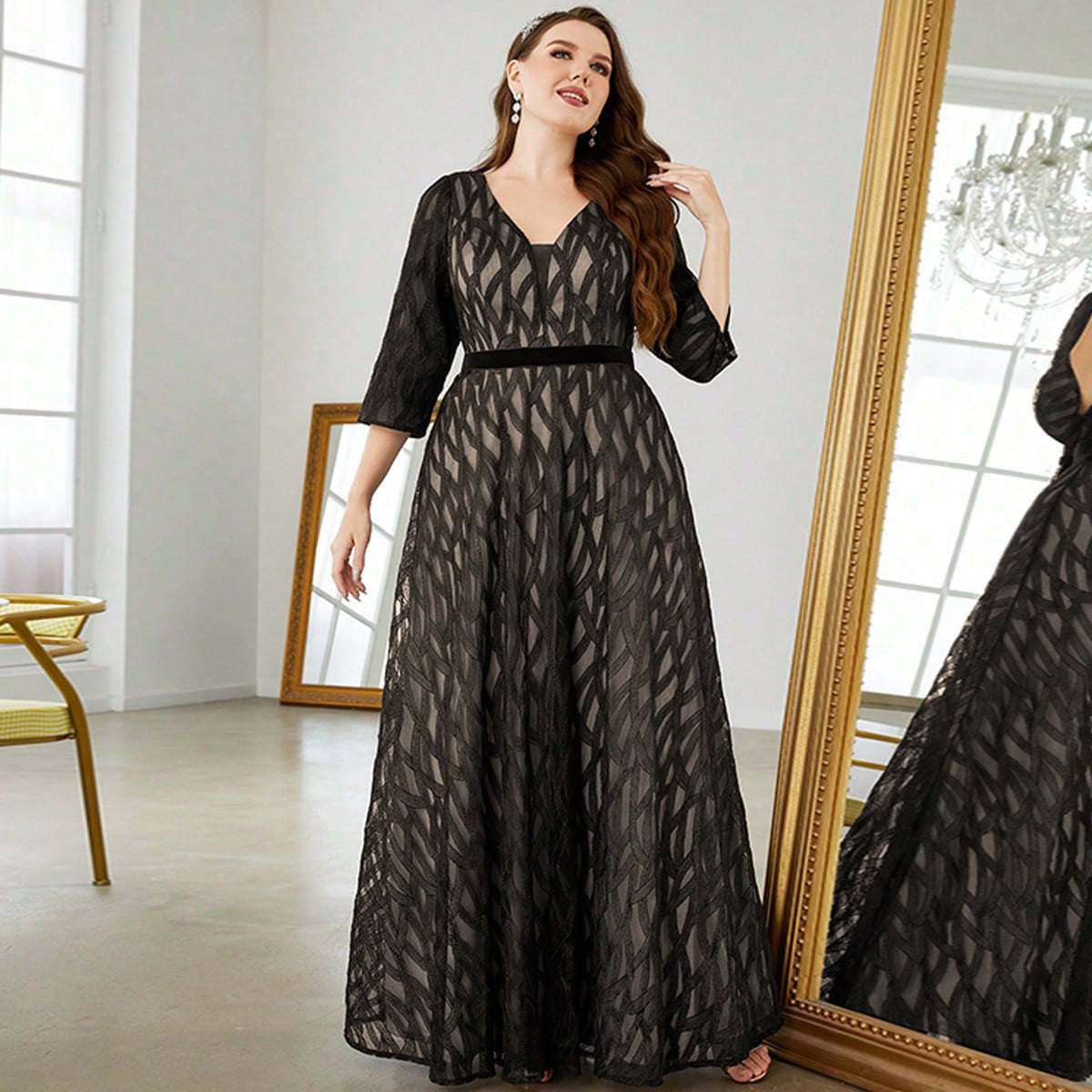 Plus Size Evening Dress Deep V Plunge neck Formal A Line Dress Blue