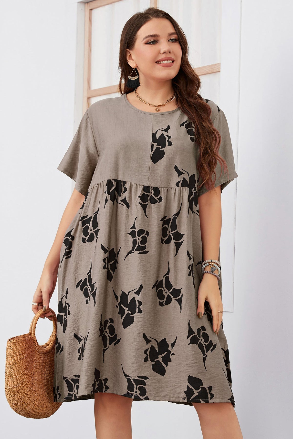 Plus Size Midi Casual Dress Coffee