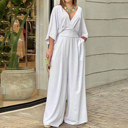 Solid Color Short Sleeve Casual V Neck Jumpsuit White