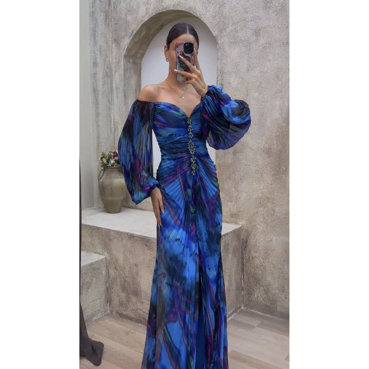 Printed Pleated Long Sleeve Formal Occasion Dress Blue