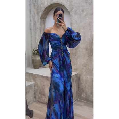Printed Pleated Long Sleeve Formal Occasion Dress Blue