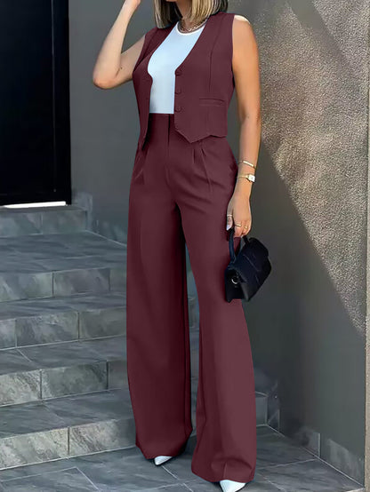 Wide Leg Pants Casual Set Burgundy