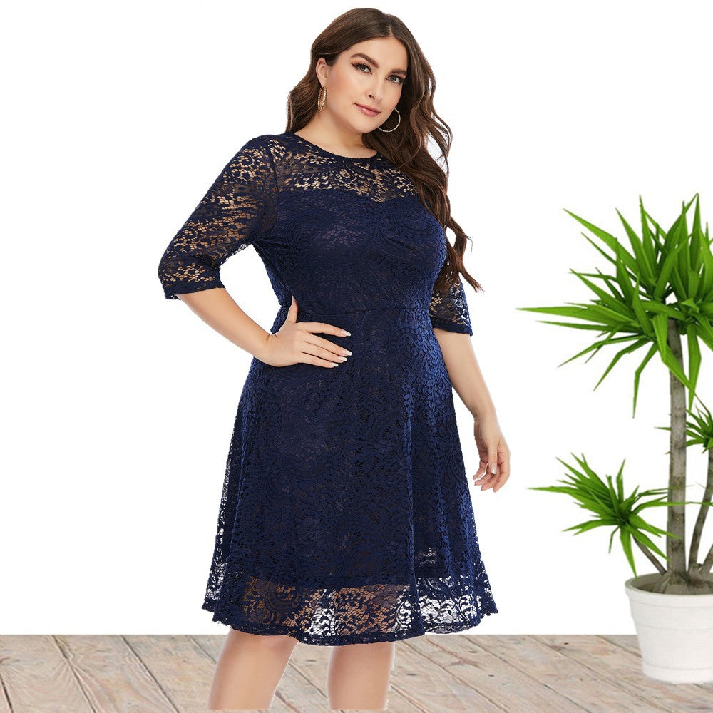 Plus Size Dress Wholesale Mid-Length Formal Lace Dress Blue