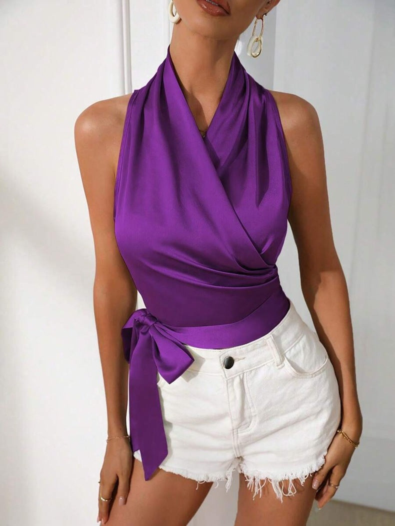 Halter Sexy Wrap Sleeveless Shirt Top Purple