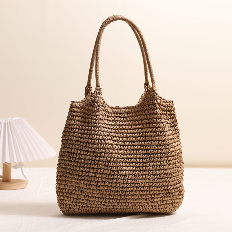 Large Capacity Tote Straw Bag Casual Shoulder Woven Bag One Size Big One-Shoulder Knitted Coffee
