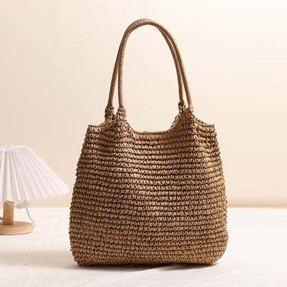 Large Capacity Tote Straw Bag Casual Shoulder Woven Bag One Size Big One-Shoulder Knitted Coffee