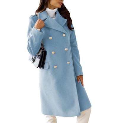 Woolen Long Sleeve Collared Coat Blue