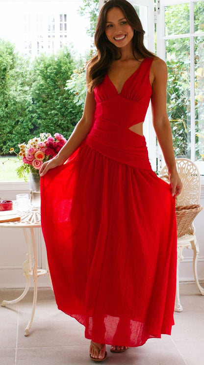 V neck Sleeveless Solid Color Maxi Dress Red