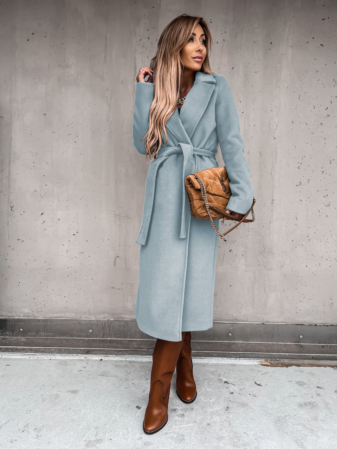 Solid Color Woolen Long Sleeve Trench Coat Sky Blue