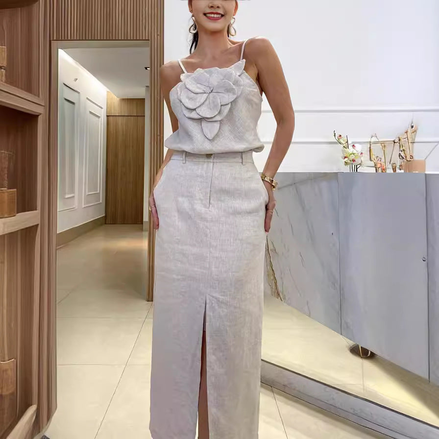 3D Floral Strap Top and Skirt Cotton Linen Set Women