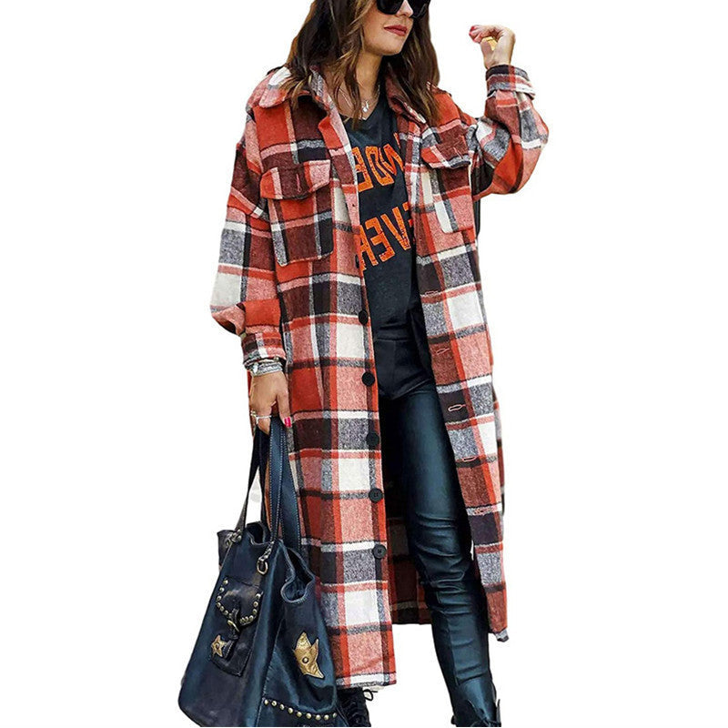 Plaid Woolen Slim Long Coat Orange