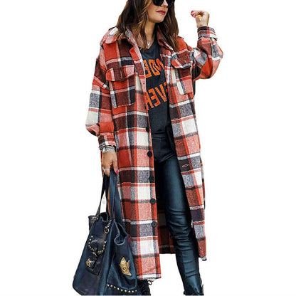 Plaid Woolen Slim Long Coat Orange