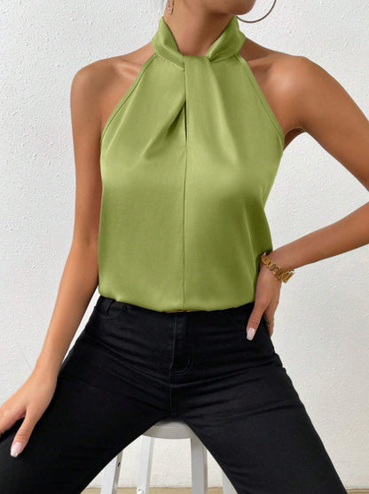 Satin Halter Sleeveless Vest Top Olive