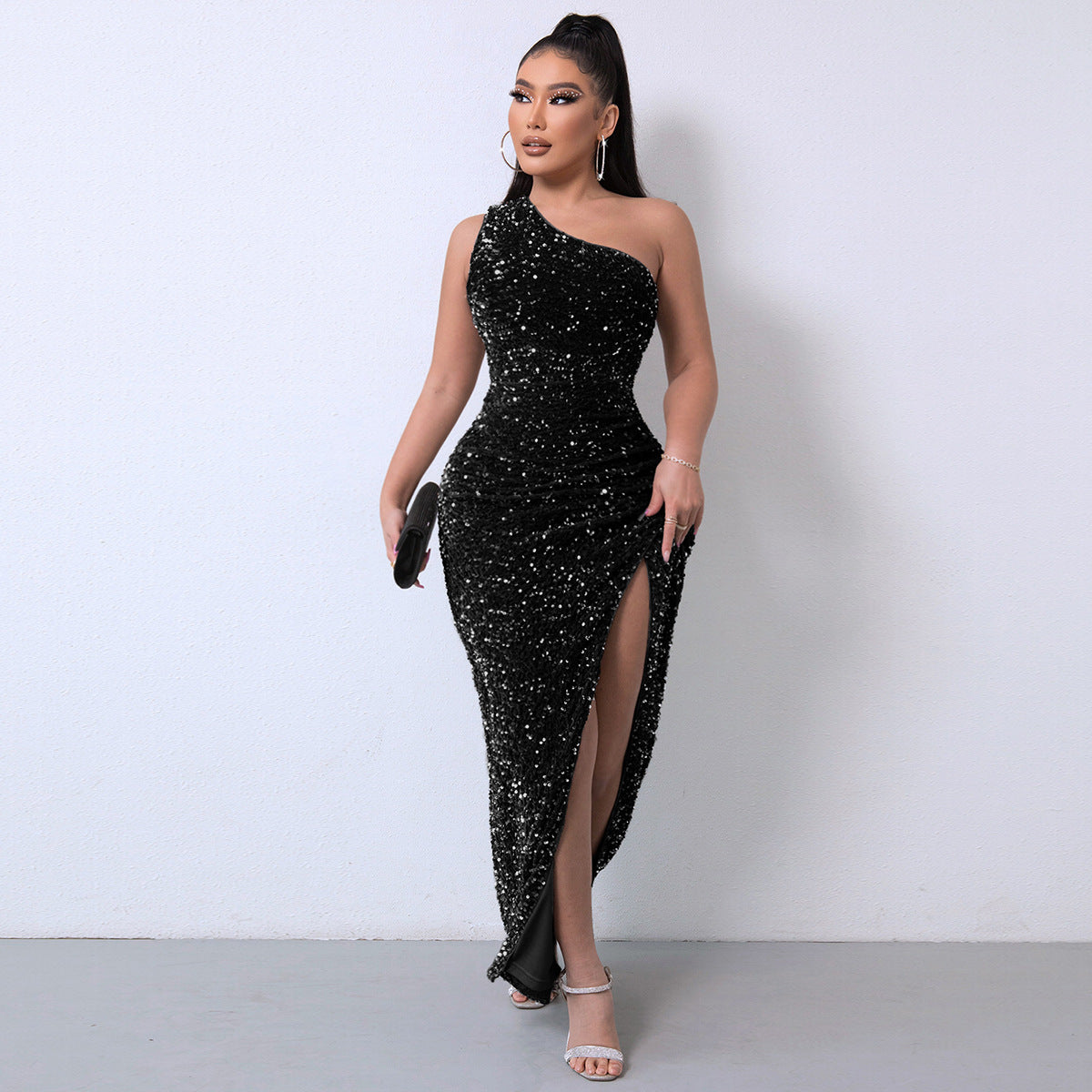 Mandy One Shoulder Sleeveless Split Gown Black