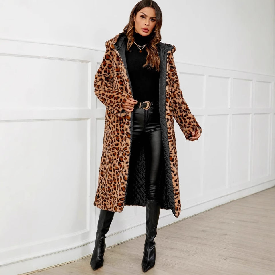 Leopard Print Faux Fur Hooded Coat