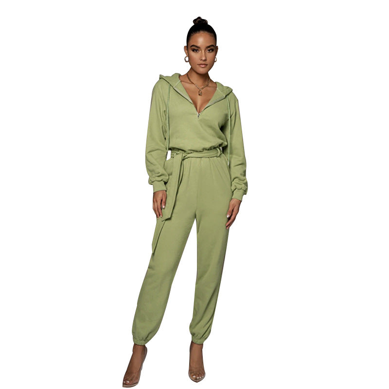 Urban Hooded Casual Women Jumpsuit Green
