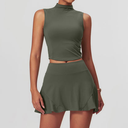 Fitted Active Yoga Set Vest Short Skirt Forest Green