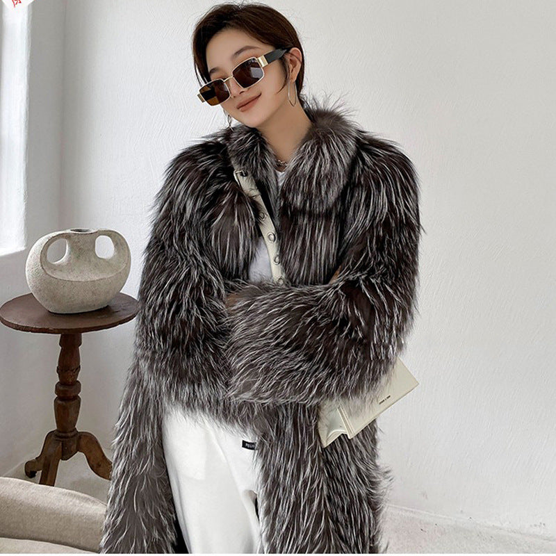 Faux Fur Long Cut Long Coat Silver