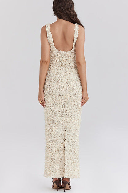 Clidress V Neck 3D Hollow Out Flower Maxi Dress