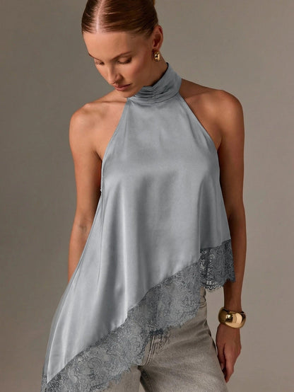 Clidress Button Neck Lace Patchwork Irregular Top 11 Colors-5 Size Light Blue