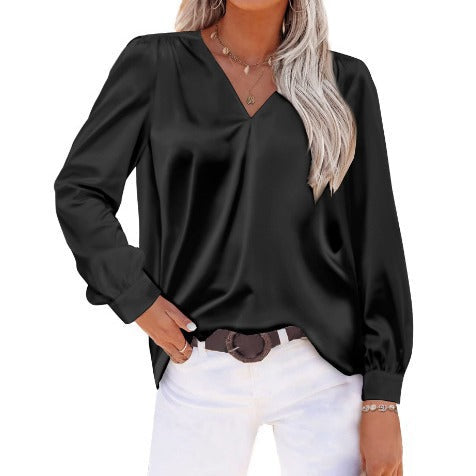 Satin Pleated Long Sleeved Top V neck Casual Black