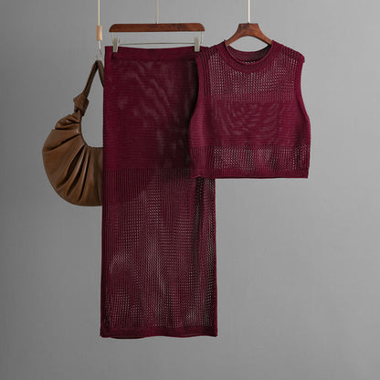 Slim Hollow Out Cutout Sleeveless Vest Summer Knitted Slit Skirt Two Piece Set One Size Burgundy